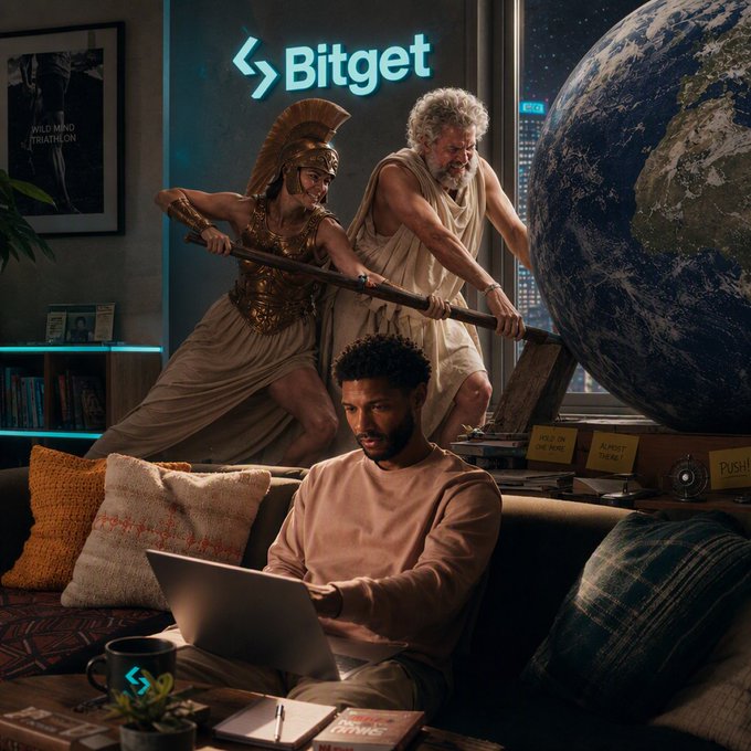 The image shows a man using his laptop at home while Athena in armor and Archimedes in ancient Greek robes lean over his shoulders—symbolizing wisdom and leverage—to push the Earth together, with the Bitget logo glowing in the window behind them, visually tying into the post's blessing for leveraged TradFi Perps trades.