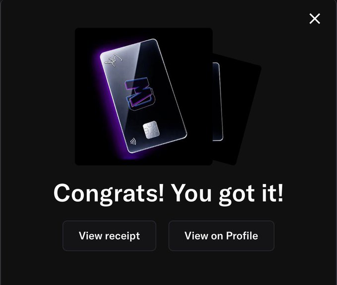 A digital congratulatory screen showing a black card with purple accents and the text "Congrats! You got it!" with buttons to "View receipt" and "View on Profile".