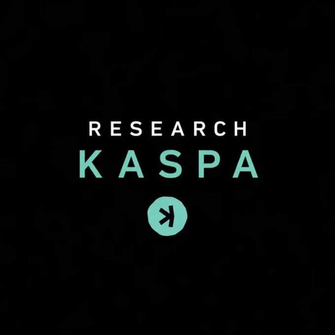 A black graphic featuring the text "RESEARCH KASPA" in white and teal lettering, with a circular teal icon containing a stylized "K" symbol below. The image visually reinforces the post's call to action to study the Kaspa cryptocurrency, aligning with the hashtags #Kaspa and ticker $KAS.