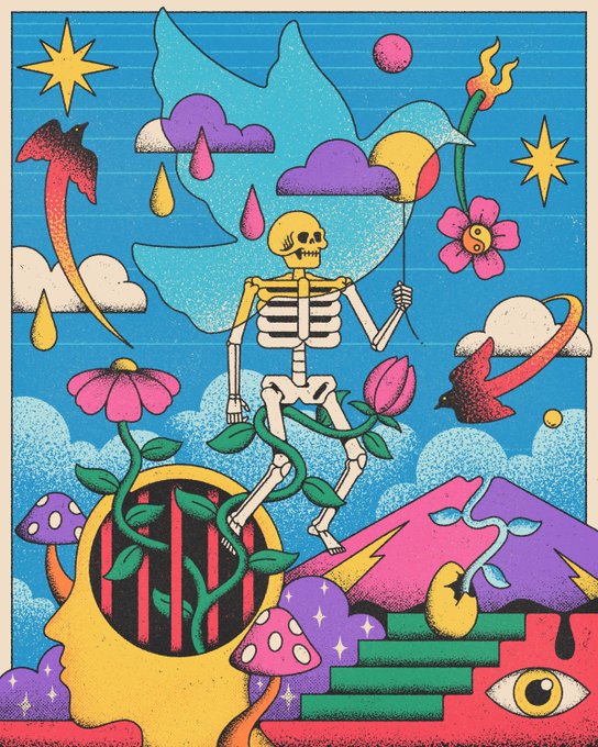A vibrant, surreal illustration features a skeleton riding a bicycle through a whimsical sky filled with oversized flowers, colorful clouds, stars, mushrooms, and an all-seeing eye, rendered in a retro risograph style with halftone textures. The image appears to be the digital artwork celebrating the limited edition NFT mint, with the post noting only 6 editions remain available for collectors to purchase.