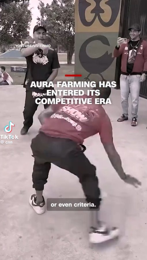 A TikTok video screenshot showing breakdancers performing outdoors with overlaid text reading 'AURA FARMING HAS ENTERED ITS COMPETITIVE ERA' and 'or even criteria.'