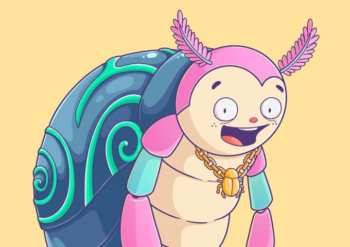A cartoon pink and turquoise beetle character wearing a gold scarab necklace smiles cheerfully, accompanying a giveaway post offering 5 spots for @unvault phase two.