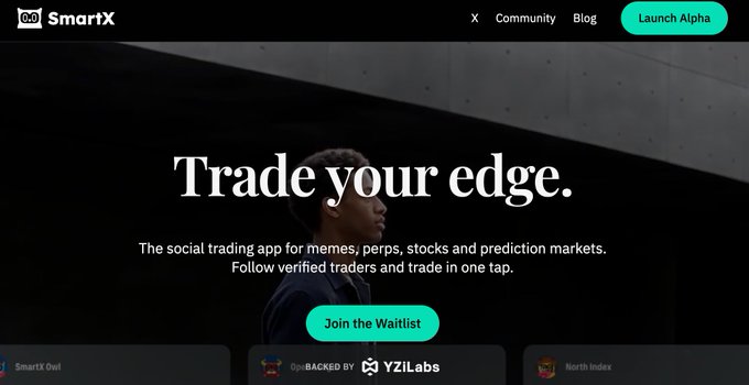 A landing page for SmartX, described as 'The social trading app for memes, perps, stocks and prediction markets,' featuring the tagline 'Trade your edge.' and a 'Join the Waitlist' button.