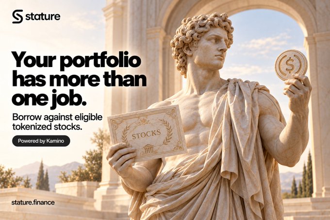 An advertisement for 'stature' finance featuring a marble sculpture of a man holding a tablet inscribed with 'STOCKS' and a golden coin with a dollar sign, alongside the tagline 'Your portfolio has more than one job.'