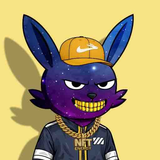 An illustration of a purple and blue cosmic-patterned rabbit character wearing an orange Nike cap, a gold chain, and a jacket labeled 'NFT ENERGY'.
