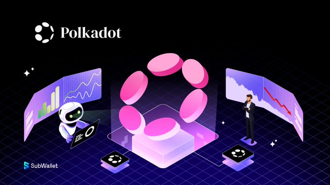 Polkadot is an innovative social networking platform that offers a new era of agile coretime, allowing users to build their businesses with lower barriers and more flexibility than ever before. The image features a robot, possibly representing a customer or user navigating through a dashboard filled with data and various icons like the pink dots (coins) symbolizing transactions within the ecosystem. In this setting, there is a man standing next to another person who appears to be managing or updating the content on the dashboard. This depicts how the platform is actively changing people's lives by providing more opportunities for users to connect and engage with others through their businesses. The post also mentions that the system is quietly entering into a new phase, potentially impacting both its core time and the way people interact within the community.