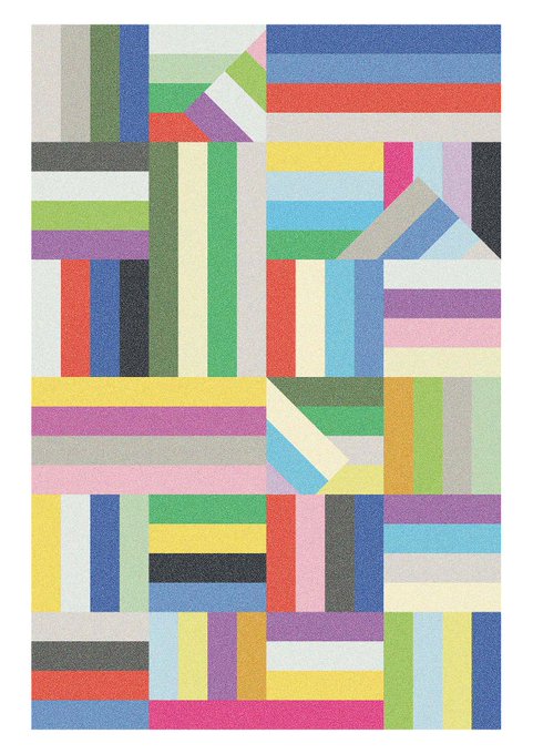 A colorful geometric area rug featuring rectangular and triangular blocks in various pastel shades including pink, blue, green, yellow, and purple.