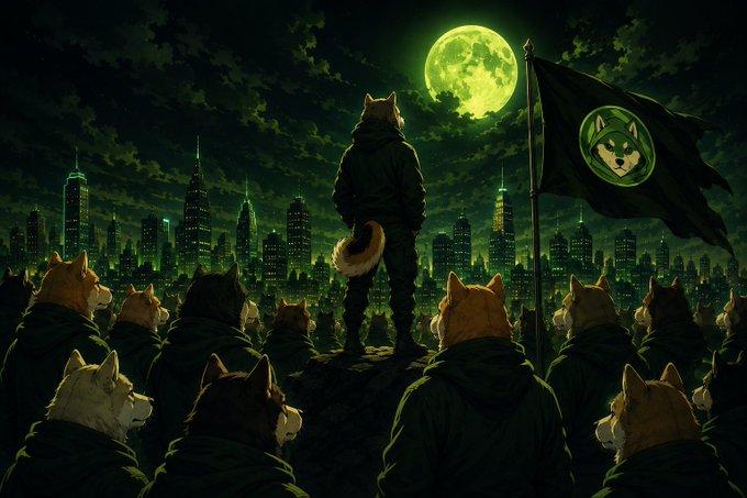 An illustration depicts a dog-headed figure standing on a rocky outcrop, gazing out over a green-tinted cityscape under a full moon, while a crowd of similar anthropomorphic dogs in hoodies gathers below beside a flag bearing a dog emblem.