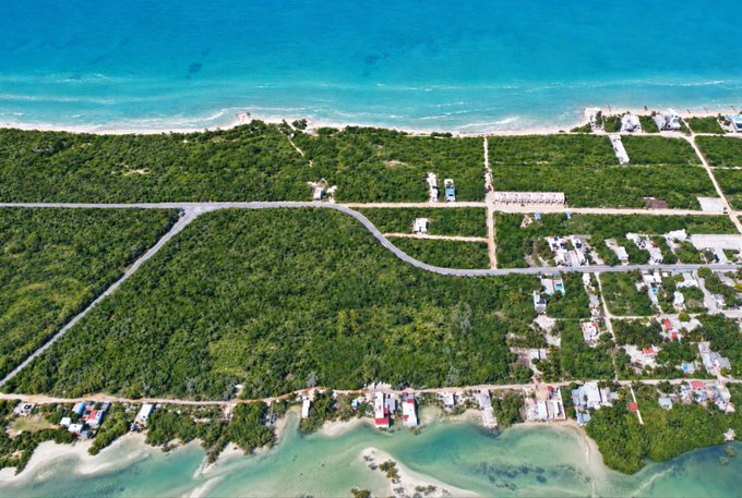 An aerial drone shot of a coastal area featuring a large, mostly undeveloped parcel of green land bordered by the ocean on top, a developed residential area to the right, and a road cutting through the middle.