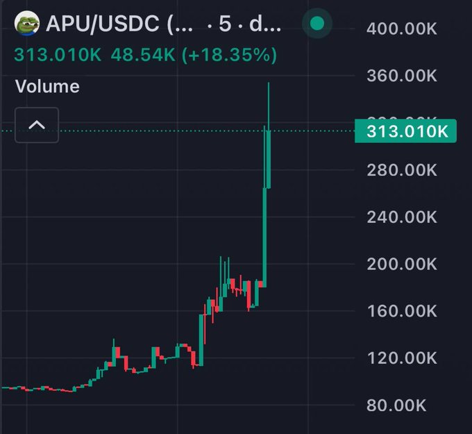 Trading chart for APU/USDC showing a +18.35% gain at 313.010K with a volume of 48.54K.