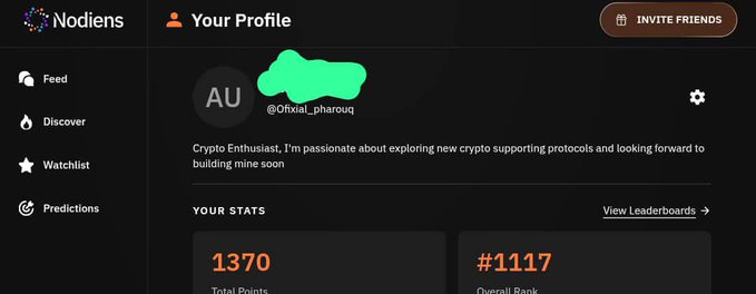 A profile page on the "Nodiens" platform shows a user with the handle "@Ofxat_pharouq" and a brief description starting "Crypto Enthusiast," displaying stats of 1370 Total Points and an Overall Rank of #1117.