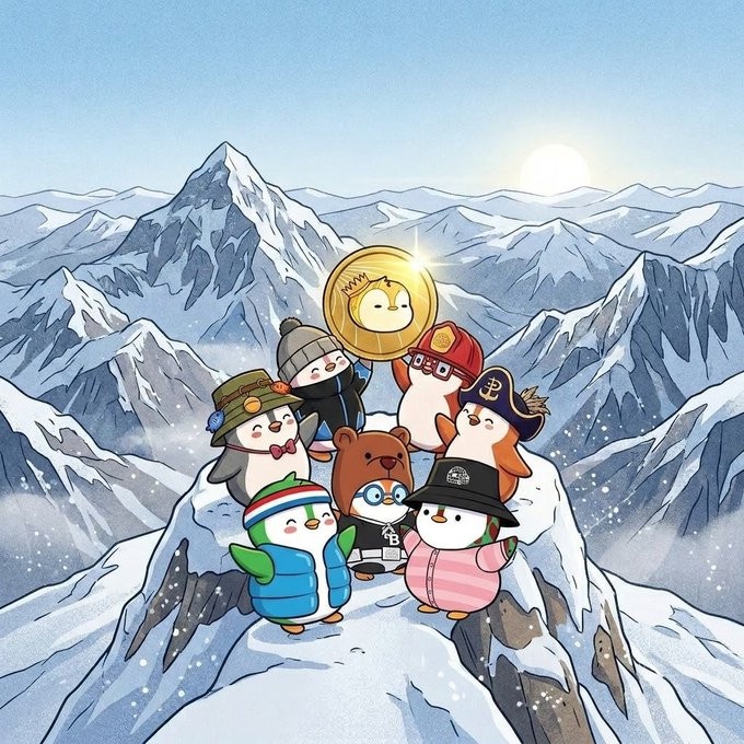 An illustration of cute penguin-like characters wearing various winter accessories, standing on a snowy mountain peak with a gold coin character holding a crown floating above them.