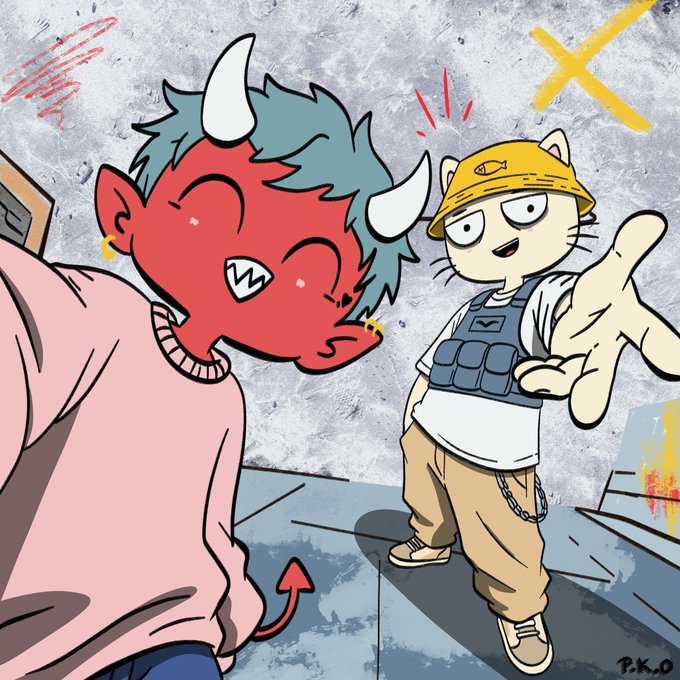 A cartoon illustration shows a red demon-like character with horns grinning mischievously at a cat wearing a yellow cap and tactical vest, with the signature "P.K.O" in the corner. The image ties to the post's promotion of the @pko_nft project, with the "P.K.O" branding visible as the artist's signature.