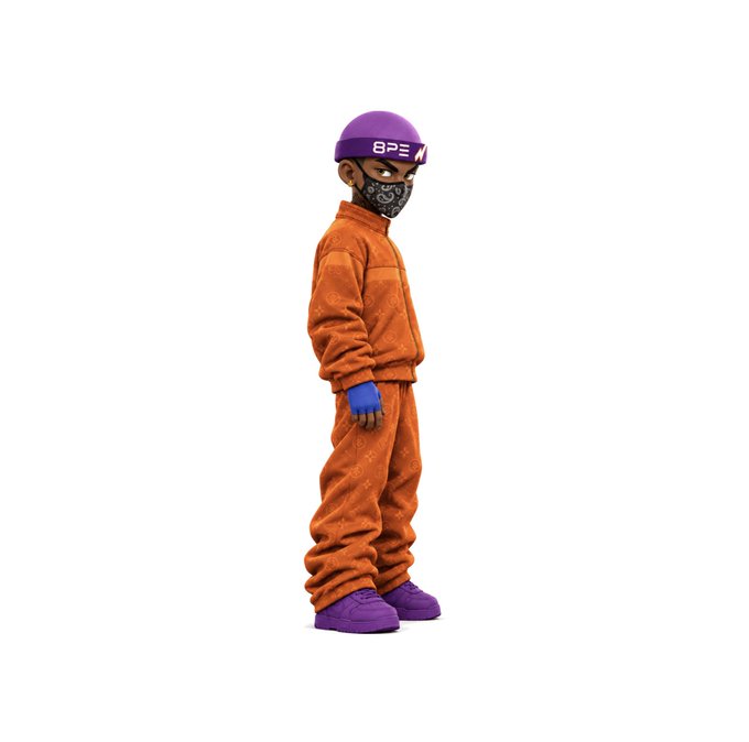 A 3D-rendered character wearing an orange Louis Vuitton-monogrammed tracksuit, purple beanie with "BPE" lettering, bandana mask, and matching purple sneakers stands in profile.