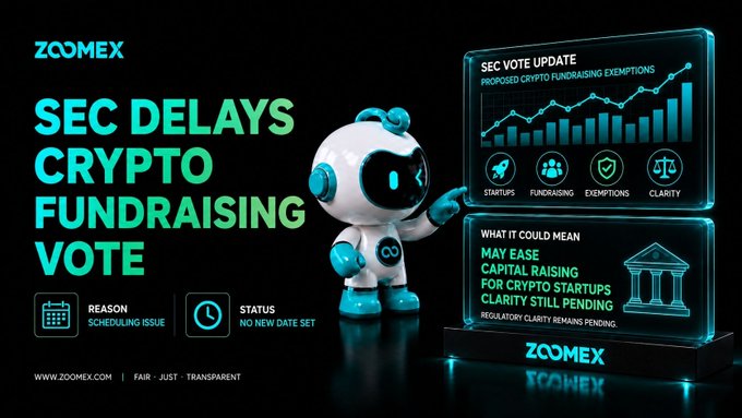 A promotional graphic by Zoomex featuring a white and teal robot mascot pointing to two digital displays titled "SEC VOTE UPDATE" and "WHAT IT COULD MEAN," highlighting key points like "Startups," "Fundraising," "Exemptions," and "Clarity." The image visually reinforces the post's message that the SEC has postponed a vote on proposed crypto fundraising exemptions due to a scheduling issue, noting the potential to ease capital raising for crypto startups while regulatory clarity remains pending.