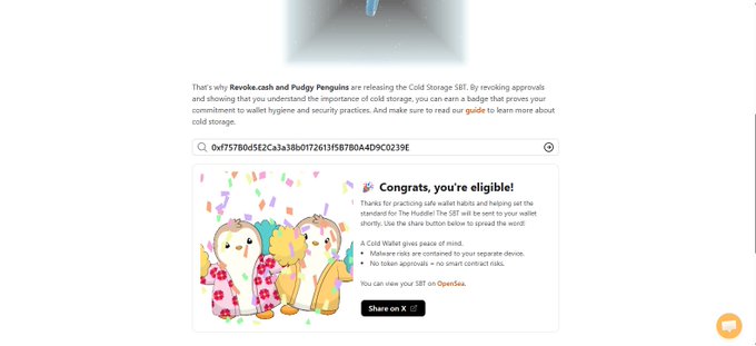 A webpage from Pudgy Penguins and Revoke.cash about a Cold Storage SBT (Soul Bound Token) eligibility check, showing 'Congrats, you're eligible!' with cartoon penguins and a wallet address field.