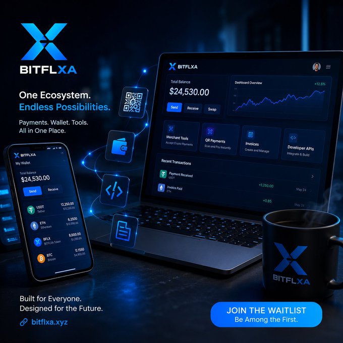 A promotional banner for 'BITFLXA' showcases its crypto ecosystem across mobile and desktop platforms, highlighting features like Merchant Tools, QR Payments, Invoices, and Developer APIs, with a waitlist call-to-action.