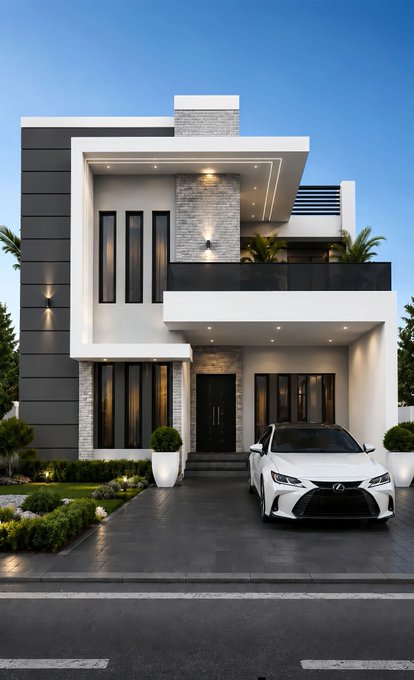 A modern two-story luxury home with white and gray exterior, a balcony with planters, a white Lexus parked in the driveway, and landscaped greenery under a clear blue sky.