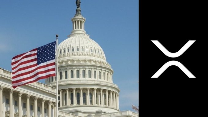 The image shows the U.S. Capitol building with an American flag on the left and the XRP logo on the right, symbolizing how the proposed Crypto CLARITY Act could establish a "double lock" legal framework for XRP under U.S. regulatory oversight.
