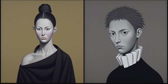 A side-by-side digital painting of two figures: a pale woman with a topknot and black draped garment on a brown background, and a gray-toned figure with spiky hair and a white ruffled collar on a gray background.