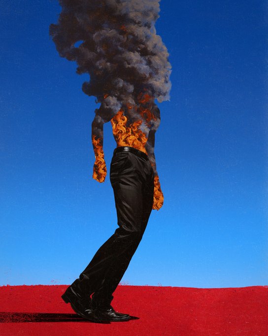 A surrealist painting of a walking figure with a flaming head and arms emitting thick black smoke, wearing black pants against a bright blue sky and red ground.