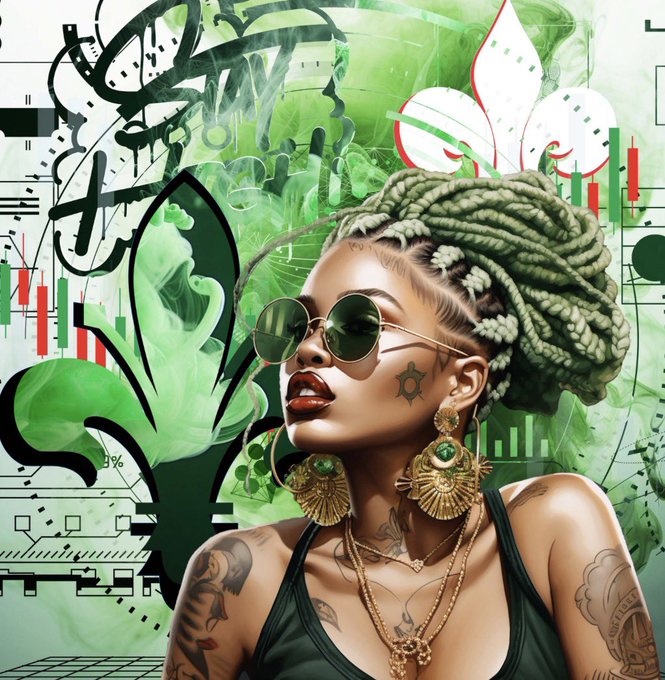 A stylized digital portrait of a woman with green dreadlocks, round sunglasses, gold jewelry, and facial tattoos, set against an abstract background featuring a fleur-de-lis, green smoke, and stock market-style financial charts.
