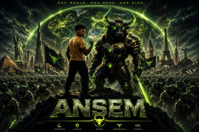 A movie poster titled 'ANSEM' with the tagline 'ONE WORLD, ONE HERD, ONE KING' depicts a young man facing a giant armored bull-headed warrior, surrounded by armies and iconic landmarks, with icons at the bottom reading 'STRENGTH', 'LOYALTY', 'POWER', 'DOMINANCE', and 'ETERNAL'.