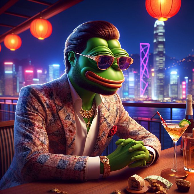 A Pepe the Frog character wearing sunglasses and a plaid suit sits at a rooftop bar with a cocktail, with a neon-lit city skyline and red lanterns in the background.