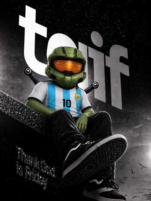 A figure wearing a green Halo Master Chief-style helmet sits casually atop a glittering black block, dressed in an Argentina national football jersey bearing the number "10" and the AFA crest, with the stylized "tir" logo of TIR Magazine displayed against a starry cosmic background. The image's futuristic, community-driven vibe pairs with the "Froggies Friday" post, where members can win a @froglings NFT and join an engaged digital collectible community.
