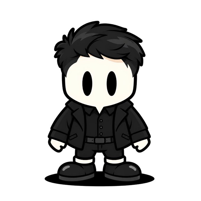 A cartoon chibi-style character with messy black hair, a blank white face with simple black oval eyes, and dressed in a sleek all-black outfit (jacket, shirt, belt, pants, and shoes) stands against a white background. The image appears to be a PFP or avatar being given away as part of the NFT post, which is offering 5 guaranteed spots and 10 FCFS spots to commenters for the 1/1 NFT.