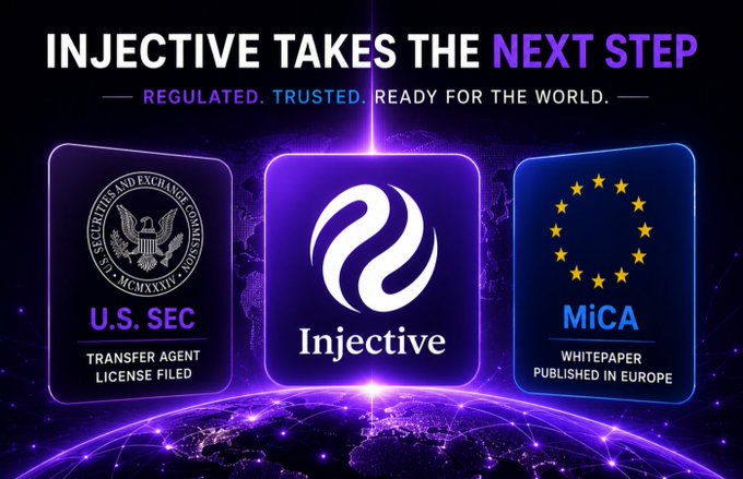 A promotional banner stating 'INJECTIVE TAKES THE NEXT STEP — REGULATED. TRUSTED. READY FOR THE WORLD.' featuring three panels: U.S. SEC Transfer Agent License Filed, the Injective logo, and MiCA Whitepaper Published in Europe.