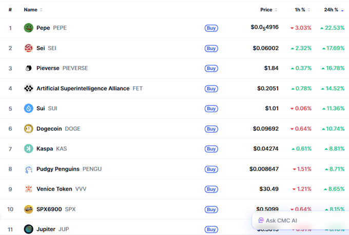A cryptocurrency price tracker showing the top 11 coins by 24-hour performance, led by Pepe (PEPE) at $0.04916 with a 22.53% gain, followed by Sei (SEI) at $0.06002 (+17.69%) and Pieverse (PIEVERSE) at $1.84 (+16.78%), alongside other tokens like FET, SUI, DOGE, KAS, PENGU, VVV, SPX6900, and JUP.