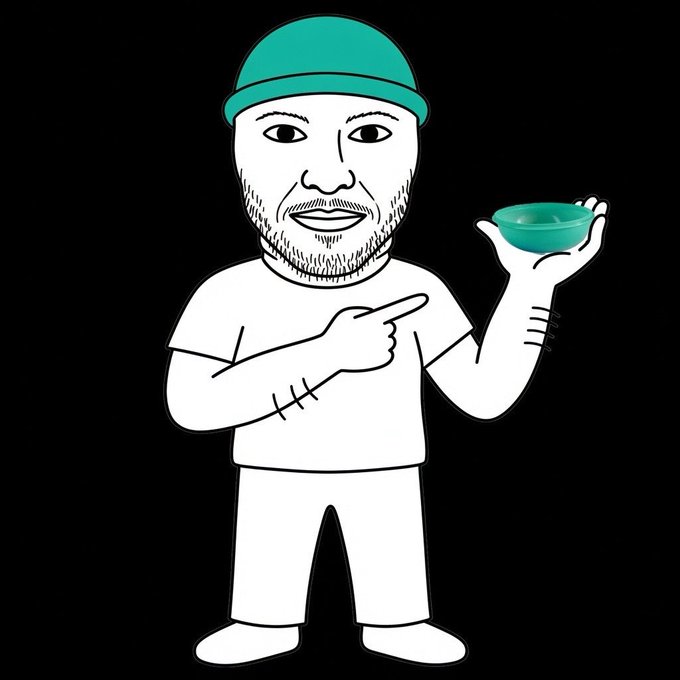 A cartoon illustration of a bearded man wearing a green durag and white t-shirt, pointing at a green bowl he is holding.