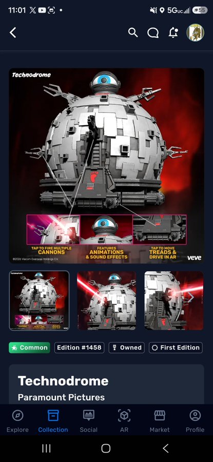 VeVe digital collectible app showing Technodrome from Paramount Pictures (Edition #1458, Common rarity, Owned, First Edition) featuring Star Wars-style X-wing fighter attachments and interactive cannons/animations features.