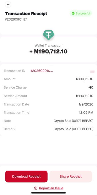 A transaction receipt screenshot from PU Exchange showing a successful USDT (BEP20) wallet transaction of ₦190,712.10 with no service charge, dated 1/9/2026. The image supports the post's claim by visually demonstrating that the platform charges zero transaction fees, highlighting the promotional offer to register with code "SENPAI" for a referral bonus.