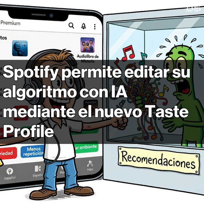 Cartoon illustration with Spanish text: 'Spotify permite editar su algoritmo con IA mediante el nuevo Taste Profile', showing a character with headphones next to a phone interface and a green creature representing recommendations.