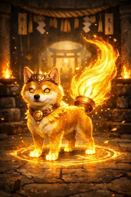 A digital fantasy artwork of a Shiba Inu dog wearing a golden crown and collar, with a flaming tail, standing in a glowing magical circle within a temple-like setting.