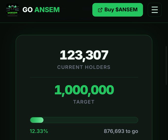A screenshot from goansem.site showing the $ANSEM token's progress toward 1 million holders, currently at 123,307 holders (12.33% complete, with 876,693 to go), reinforcing the post's message about the token's growing community on its path to 1M holders.