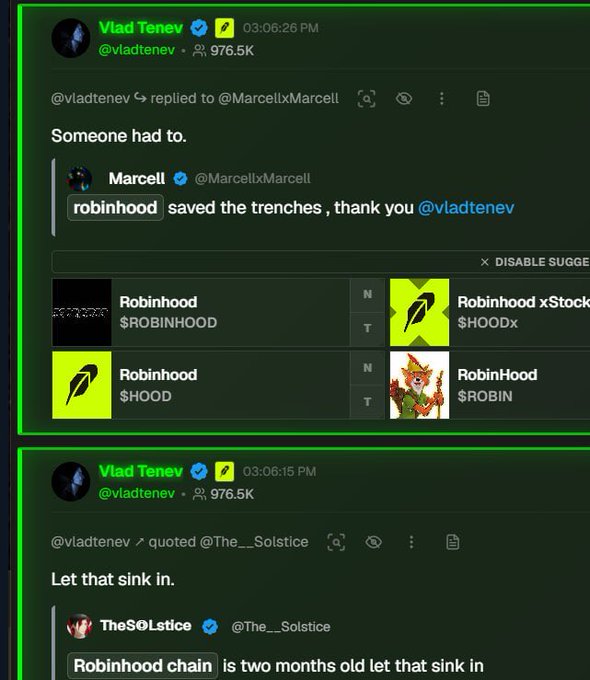 Screenshots of tweets from Vlad Tenev (@vladtenev) showing him responding to posts about Robinhood, with the second tweet titled 'Let that sink in' referencing that the Robinhood chain is two months old.