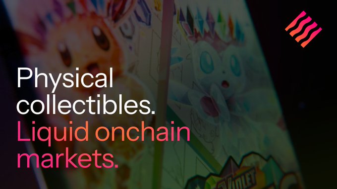 A promotional graphic with text 'Physical collectibles. Liquid onchain markets.' overlaid on a background of colorful NFT illustrations of cartoon characters.