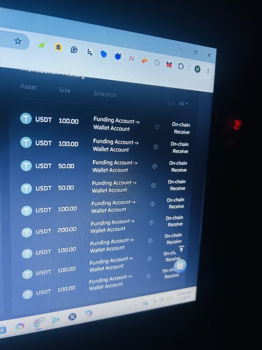 A computer screen displays a cryptocurrency transaction history showing multiple USDT (Tether) transfers, all moving from "Funding Account -> Wallet Account" with on-chain receipts, in amounts ranging from 50.00 to 200.00 USDT. The image reinforces the post's message of "on-chain" activity by visually documenting repeated successful USDT transfers between accounts.