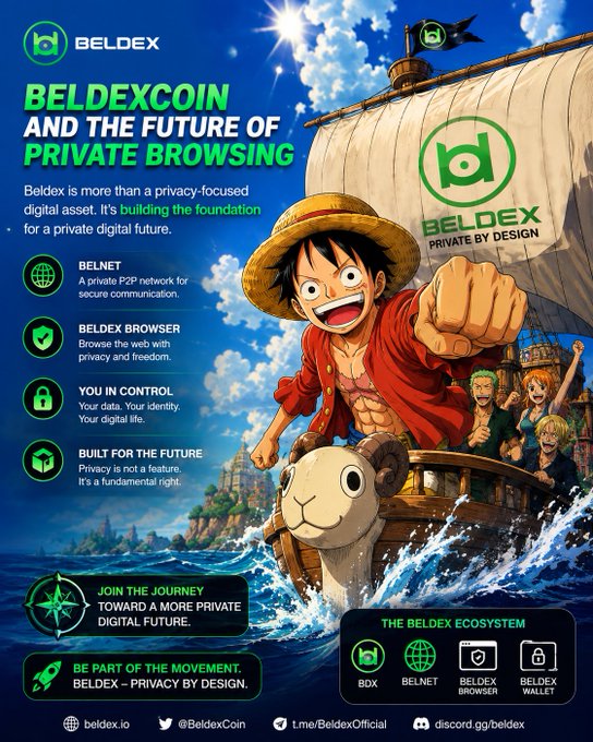A promotional poster for 'BELDEXCOIN AND THE FUTURE OF PRIVATE BROWSING' featuring anime-style characters on a pirate ship, with details about BELNET, BELDEX BROWSER, and other privacy features, plus links to beldex.io.