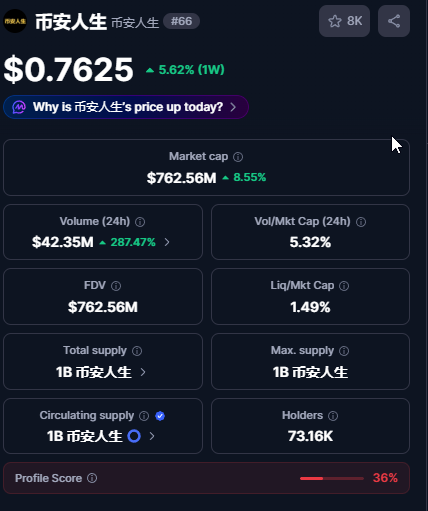Cryptocurrency price page for 币安人生 (Binance Life) showing a price of $0.7625 with a 5.62% weekly gain, market cap of $762.56M, and 73.16K holders.