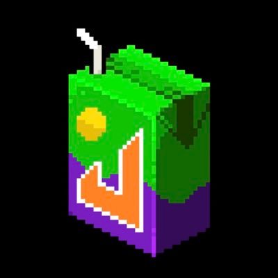 A pixel art juice box with a green top, purple bottom, orange graphic, and a white straw, set against a black background.