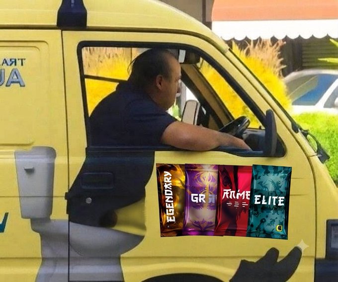 A person sitting in the driver's seat of a yellow van, with four colorful 'Ranked' tier cards (Legendary, GR, Prime, Elite) overlaid on the image, appearing to be a humorous gaming-themed edit.