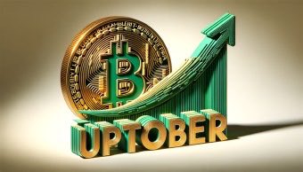 A 3D graphic displays a golden Bitcoin coin above a green upward-trending bar chart, with the text 'UPTOBER' in front, suggesting a bullish trend in October.