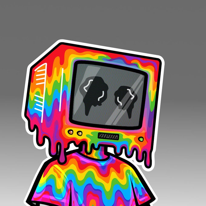 A cartoonish character with a melting rainbow CRT television for a head displays two sad, dripping faces on its cracked screen, capturing the ironic "gm" (good morning) sentiment of tired crypto traders greeting the market despite gloomy expressions. The word "VISION" appears faintly on the monitor's control panel, adding a dystopian touch to the colorful, drippy aesthetic.