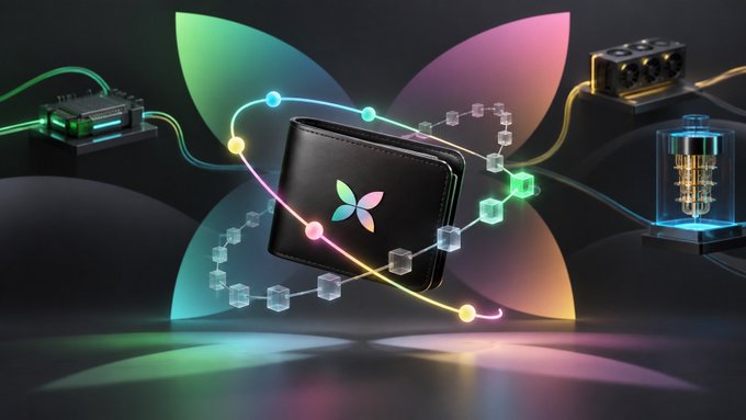 A promotional image showing a black leather wallet with a colorful butterfly logo in the center, surrounded by glowing light trails connecting to various technological devices and blockchain elements.