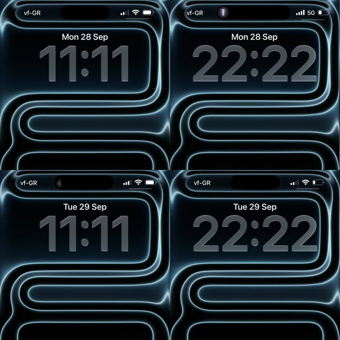Four iPhone lock screens displayed together showing dates 'Mon 28 Sep' and 'Tue 29 Sep' with times 11:11 and 22:22 in a futuristic blue neon design.