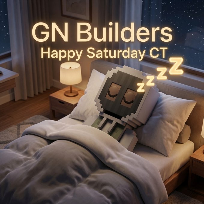 A nighttime bedroom scene features a Minecraft-style character sleeping peacefully in bed with a blanket pulled up, accompanied by 'ZZZ' symbols and the glowing text 'GN Builders Happy Saturday CT'.